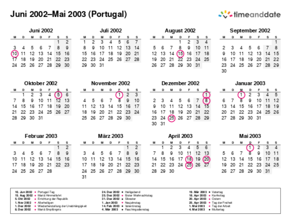 Kalender für 2002 in Portugal