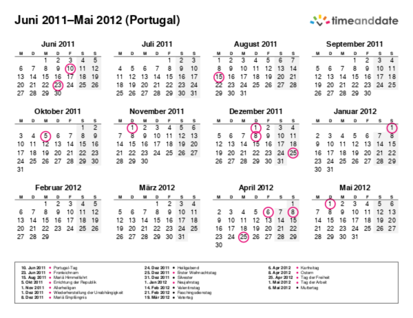 Kalender für 2011 in Portugal
