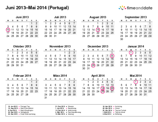 Kalender für 2013 in Portugal