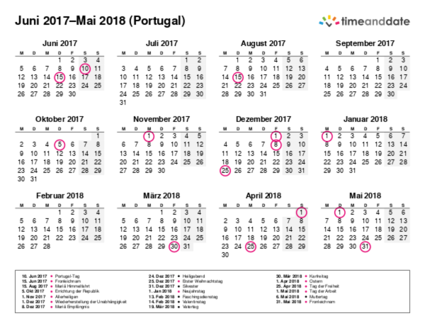 Kalender für 2017 in Portugal