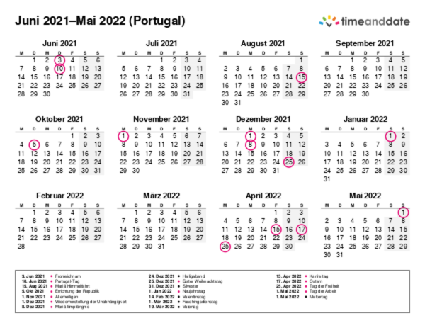 Kalender für 2021 in Portugal