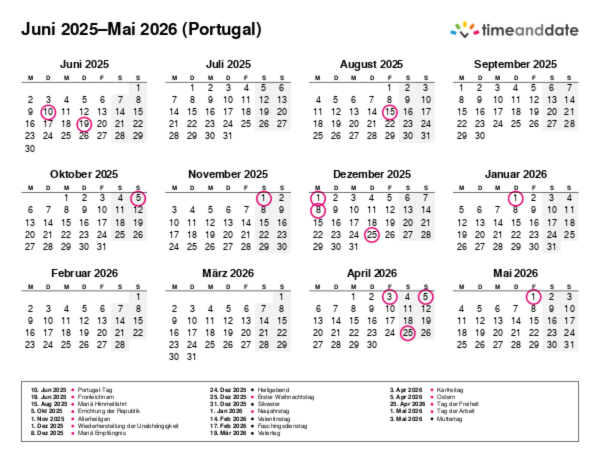 Kalender für 2025 in Portugal