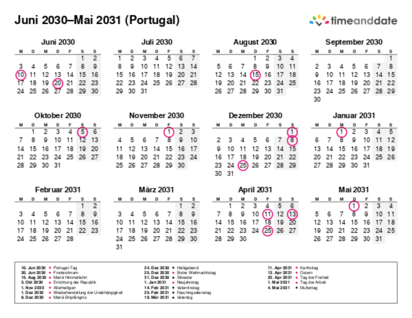 Kalender für 2030 in Portugal