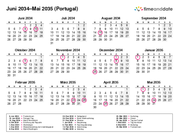 Kalender für 2034 in Portugal