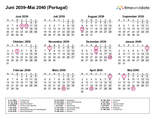 Kalender für 2039 in Portugal