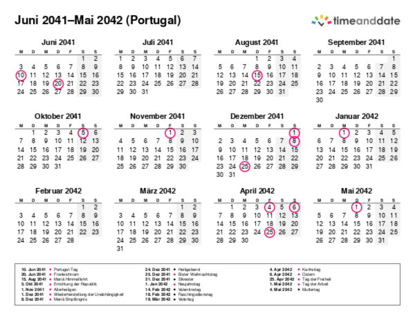 Kalender für 2041 in Portugal