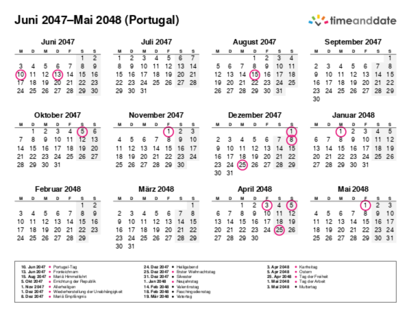 Kalender für 2047 in Portugal