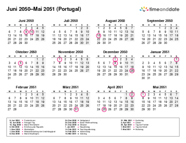 Kalender für 2050 in Portugal