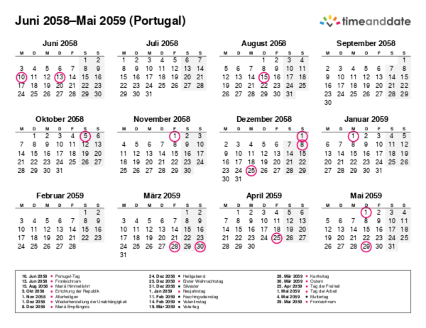 Kalender für 2058 in Portugal