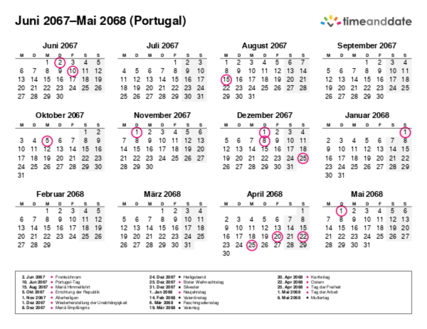 Kalender für 2067 in Portugal