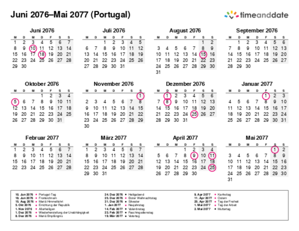 Kalender für 2076 in Portugal