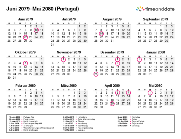 Kalender für 2079 in Portugal