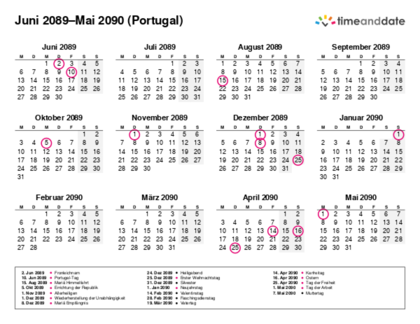 Kalender für 2089 in Portugal