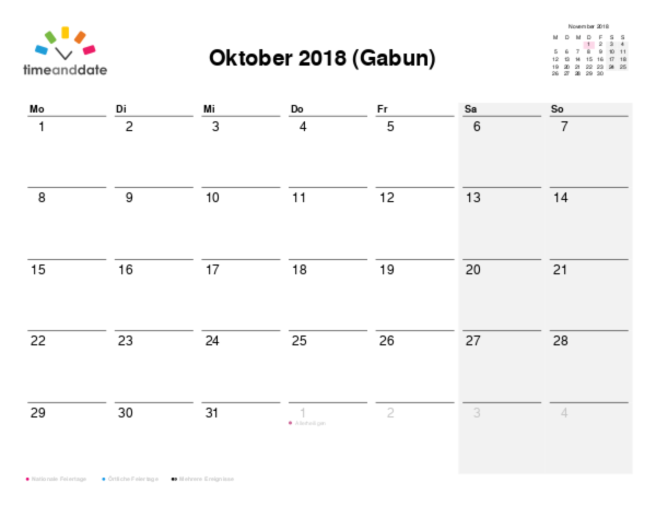 Kalender für 2018 in Gabun