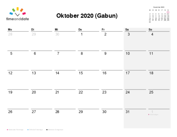 Kalender für 2020 in Gabun