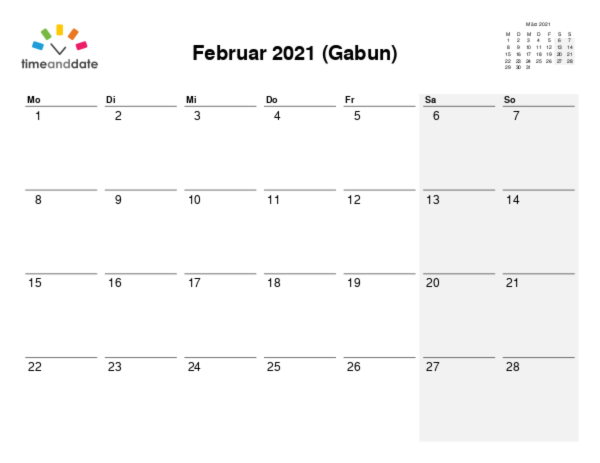 Kalender für 2021 in Gabun