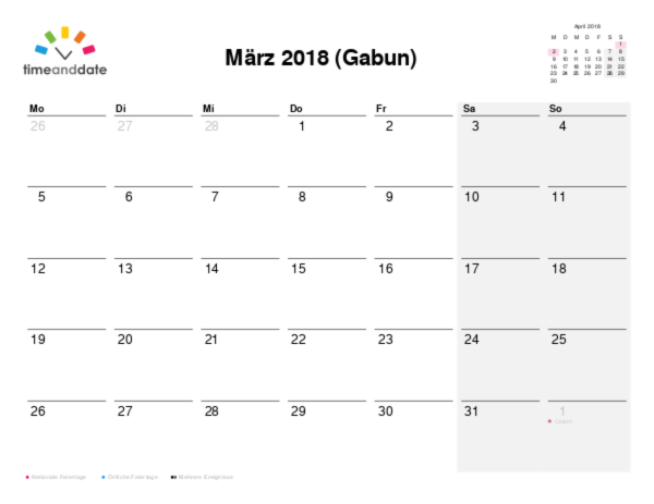 Kalender für 2018 in Gabun