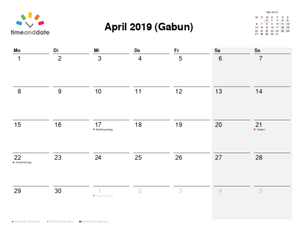 Kalender für 2019 in Gabun
