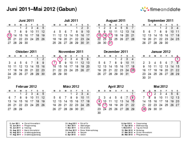 Kalender für 2011 in Gabun