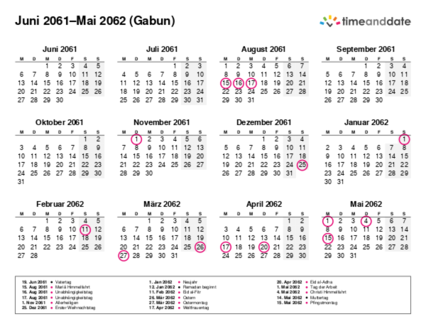 Kalender für 2061 in Gabun