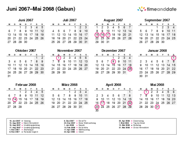 Kalender für 2067 in Gabun