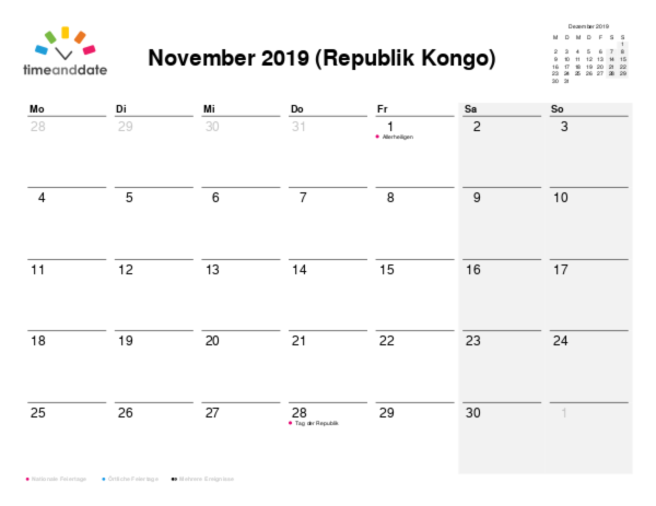 Kalender für 2019 in Republik Kongo