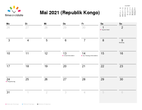 Kalender für 2021 in Republik Kongo