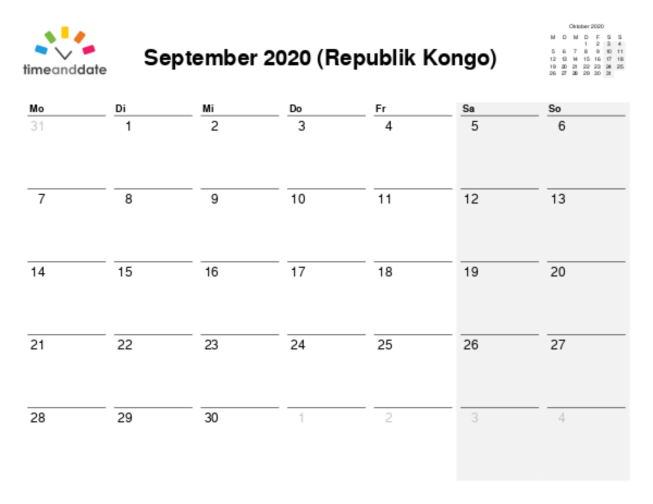Kalender für 2020 in Republik Kongo