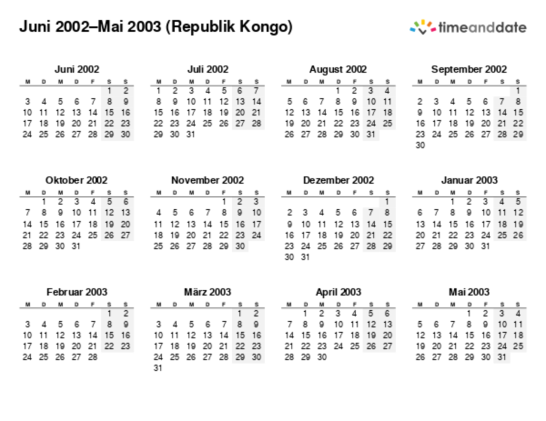 Kalender für 2002 in Republik Kongo