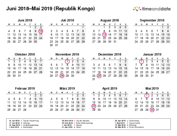 Kalender für 2018 in Republik Kongo