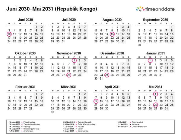 Kalender für 2030 in Republik Kongo