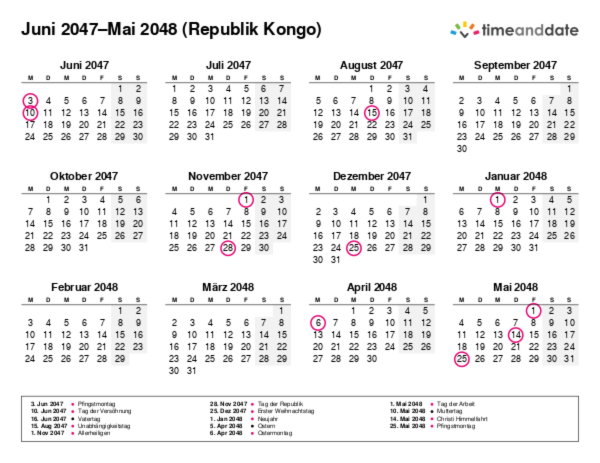 Kalender für 2047 in Republik Kongo