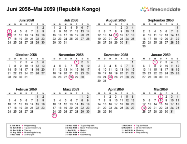 Kalender für 2058 in Republik Kongo