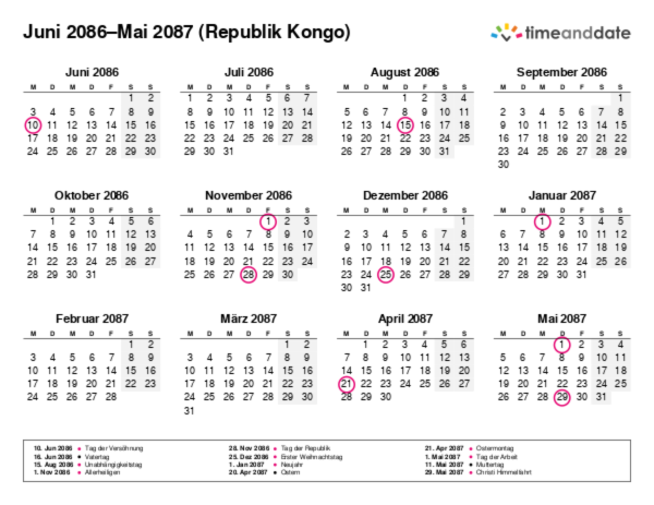 Kalender für 2086 in Republik Kongo