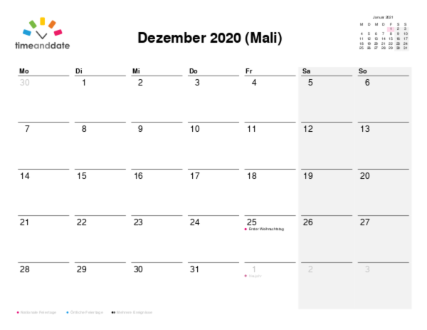 Kalender für 2020 in Mali