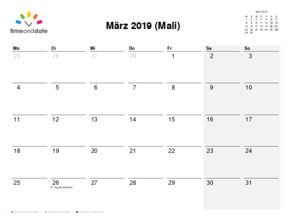 Kalender für 2019 in Mali