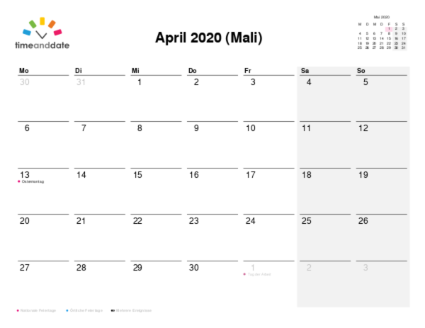 Kalender für 2020 in Mali