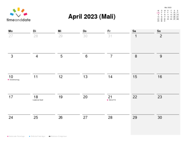 Kalender für 2023 in Mali