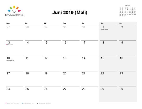 Kalender für 2019 in Mali