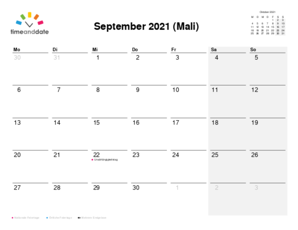 Kalender für 2021 in Mali