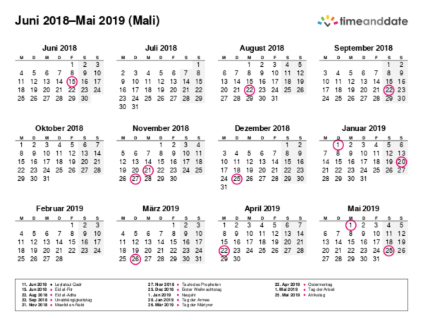 Kalender für 2018 in Mali