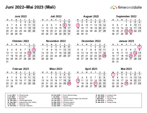 Kalender für 2022 in Mali