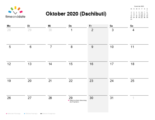 Kalender für 2020 in Dschibuti