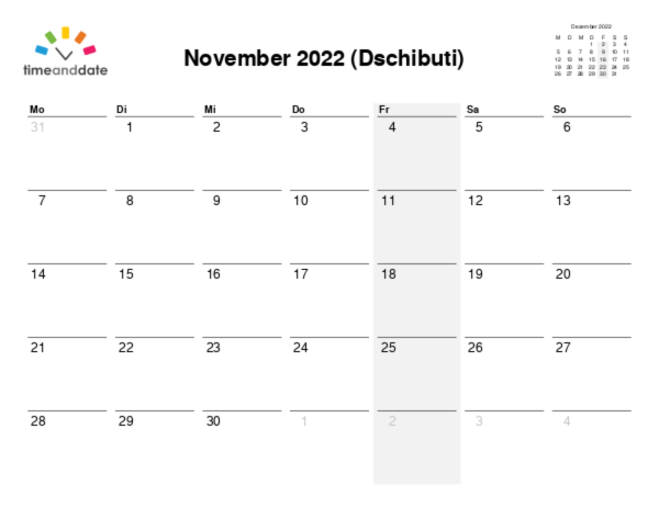Kalender für 2022 in Dschibuti