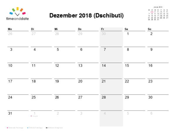 Kalender für 2018 in Dschibuti