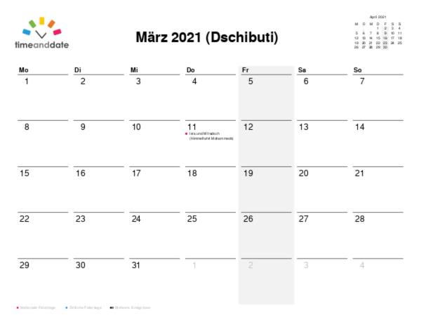 Kalender für 2021 in Dschibuti
