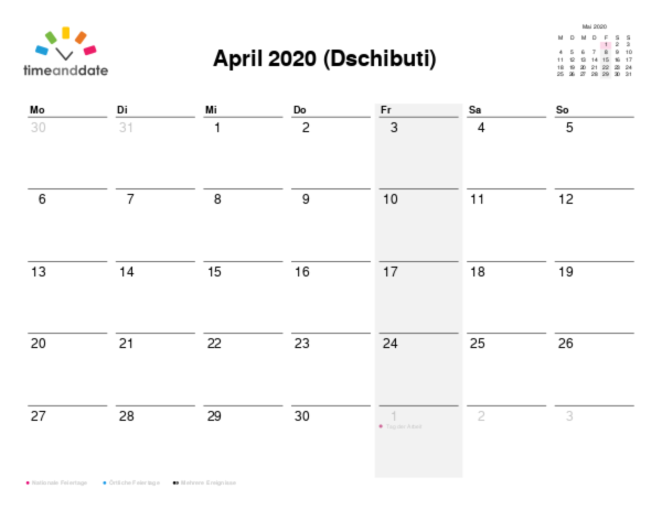 Kalender für 2020 in Dschibuti
