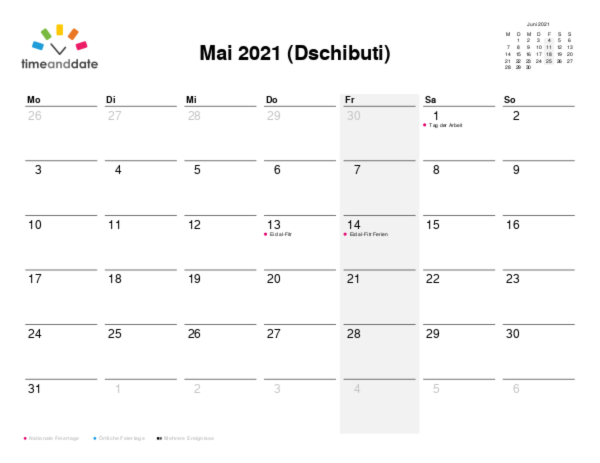 Kalender für 2021 in Dschibuti