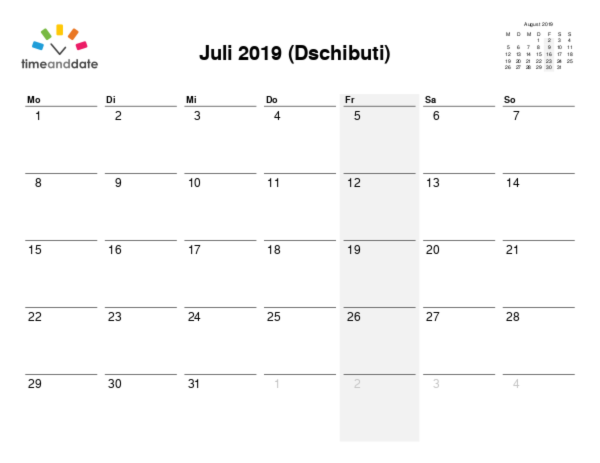 Kalender für 2019 in Dschibuti