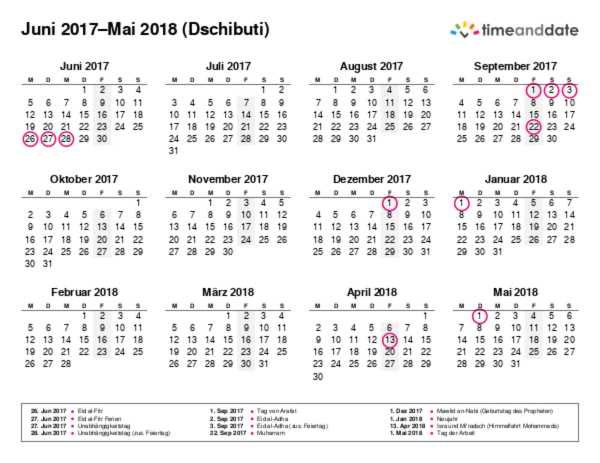 Kalender für 2017 in Dschibuti